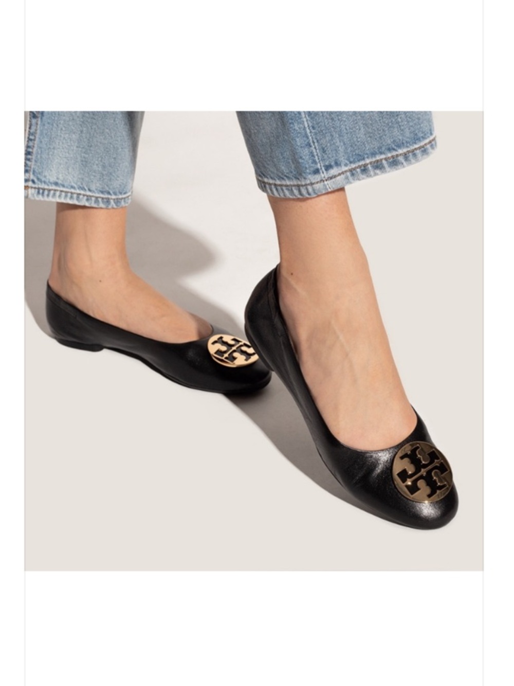 Tory Burch Classic Reva Black Leather Silver Logo Ballet Flat